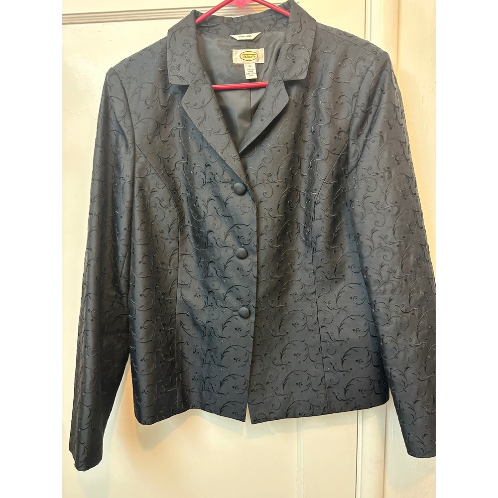 Talbots Womens 12 Black Pure Silk Embroidered Blazer Jacket Scroll Floral Formal
